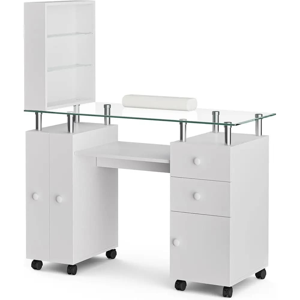Glass Top Nail Station with Storage, Open Shelves, Wrist Cushion, and Lockable Wheels - Acrylic Resistant, White