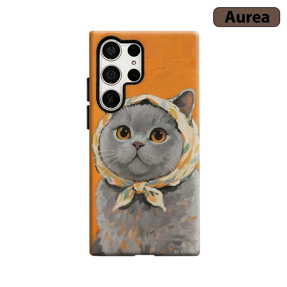 Custodia per telefono vintage con motivo gatto e foulard arancione per Samsung Galaxy S25 Ultra S24 S23 Ultra Plus, antiurto, a doppio strato, cover posteriore resistente