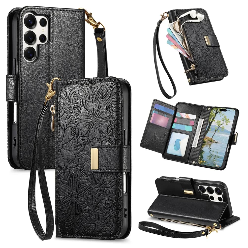 Phone Case with Wrist Strap and Card Slot for Samsung Galaxy S25 Edge S26 Ultra S24 FE A57 A37 A06 A16 A26 A36 A55 A35 A25 A15