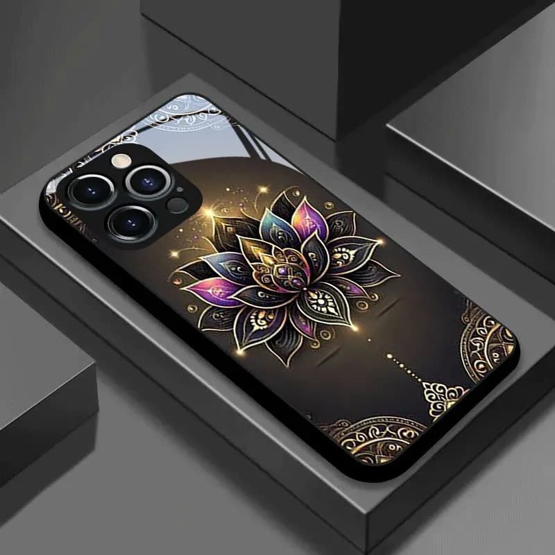 Custodia per Telefono in Vetro Temperato con Fiore di Loto Dorato per iPhone 11 12 13 14 15 16 17 Pro Max 17Air 7 8 Plus XS X, Cover Antiurto