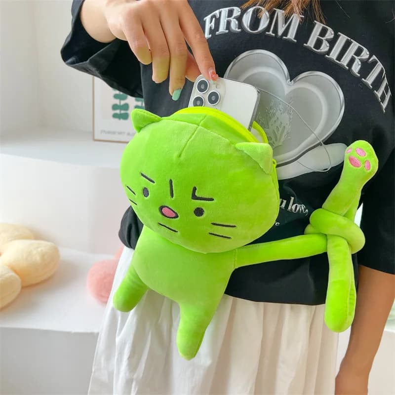 Zaino in peluche a forma di gatto alieno Kawaii, borsa a tracolla singola a forma di gattino verde carino, borsa in peluche a forma di gatto triste, borsa a tracolla alla moda da donna
