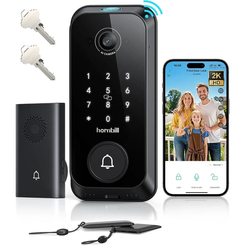 Video Smart Lock con fotocamera: anello 4 in 1 + telecamera 2K + campanello + serratura per porta d'ingresso senza chiave con impronta digitale, catenaccio WiFi integrato