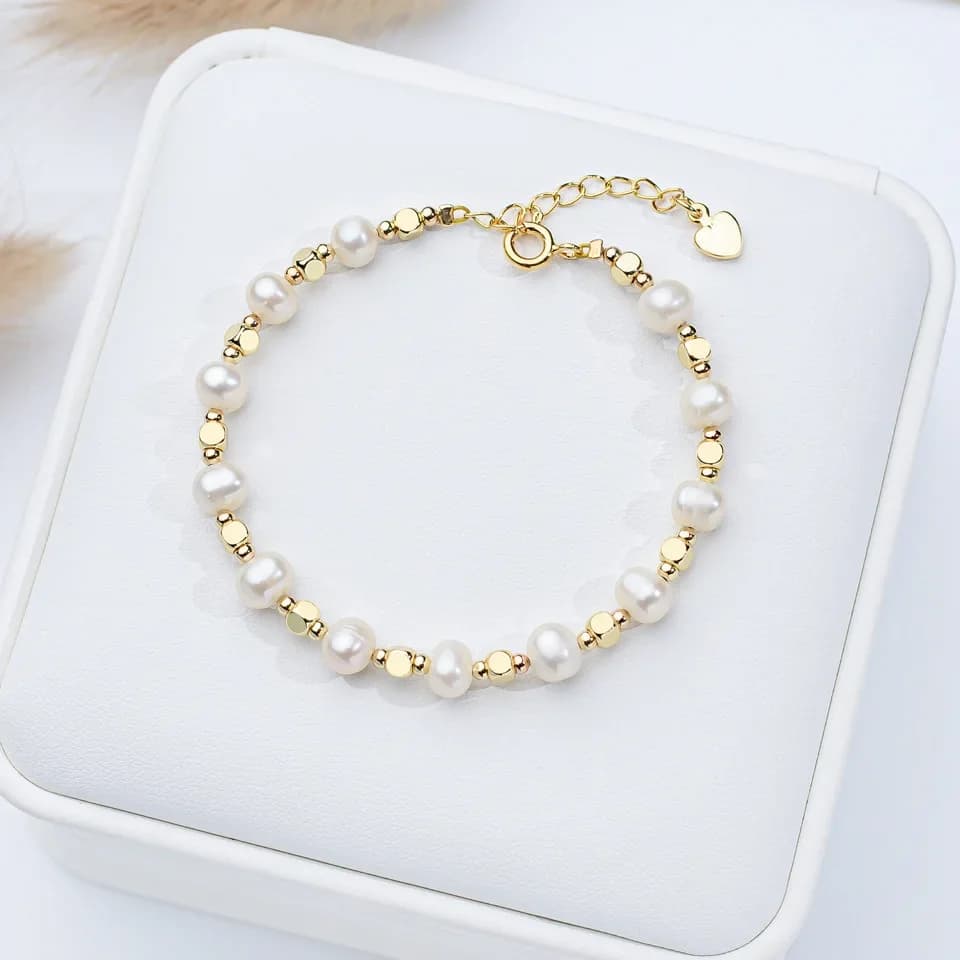 Bracciale di perle d'acqua dolce barocche da 5-6 mm per donne ragazze cuore chiusura rettangolare 16 cm + 3 cm regalo di gioielli braccialetto regolabile in oro 18 carati