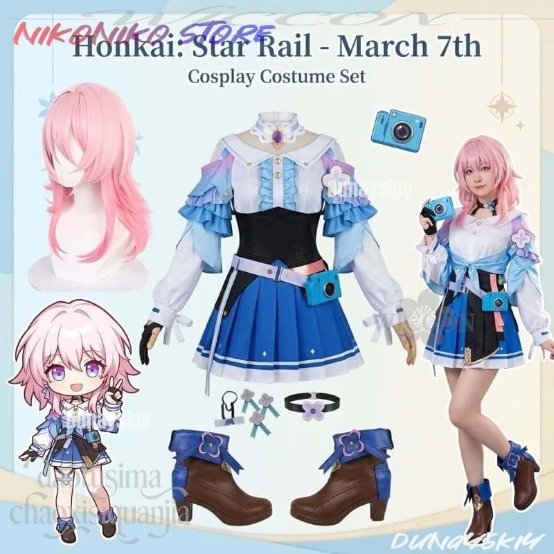 Costume Cosplay Anime Game Honkai: Star Rail - March 7th, Abito Bianco Blu, Parrucche Sfumate Rosa, Scarpe, Set Completo per Halloween