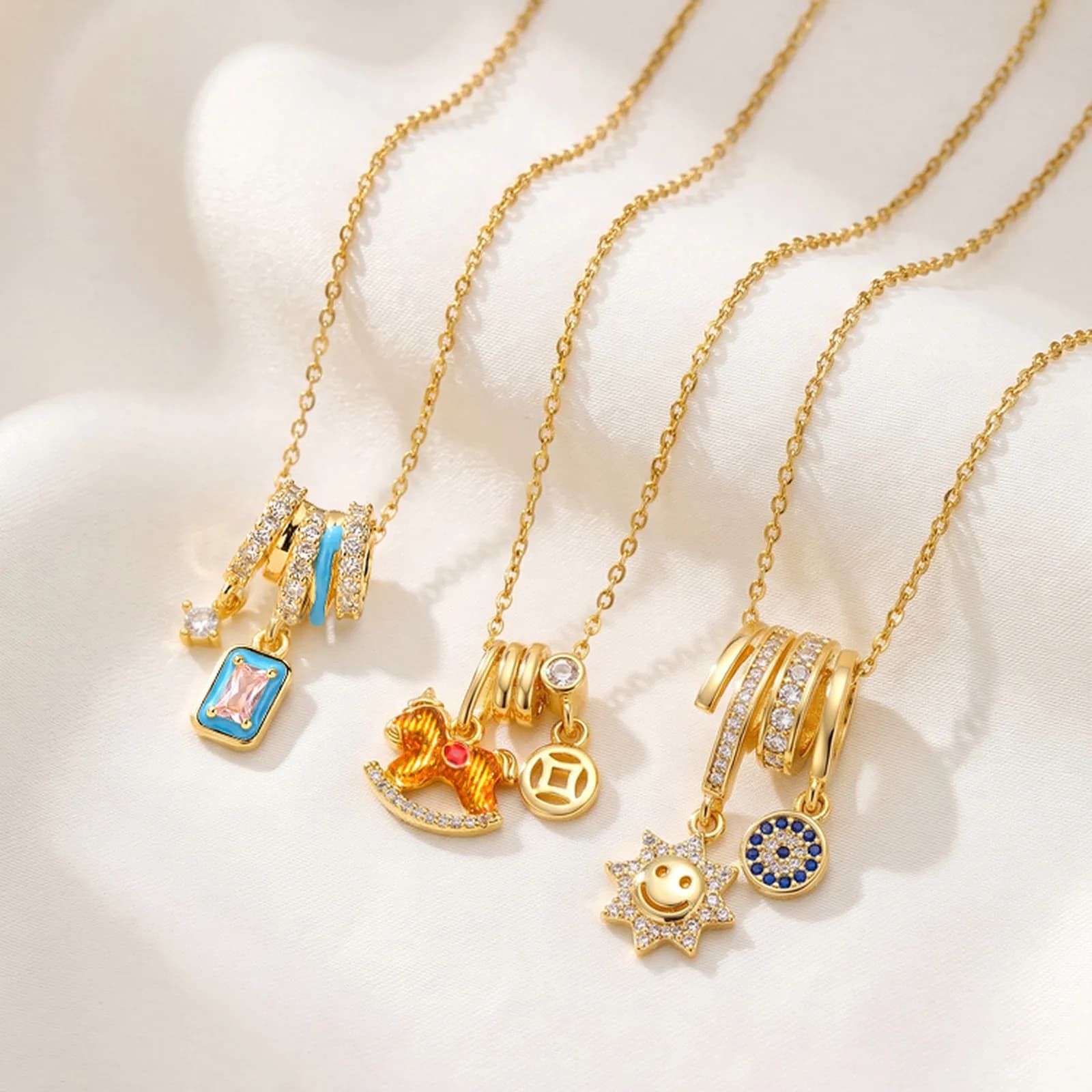 Multi Charm Necklace for Women, 18K Gold Plated Stainless Steel CZ Pendants, Y2K Trendy Jewelry