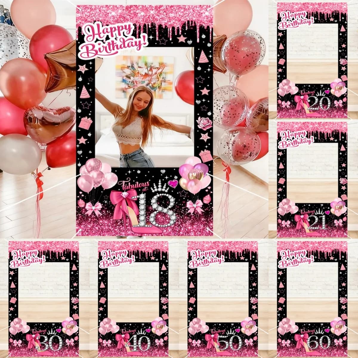 Cornice per Photo Booth con Sfondo Glitterato Rosa e Tacchi Alti per 18° Compleanno, Accessorio Fotografico in Tessuto di Poliestere per Decorazioni di Feste di Compleanno
