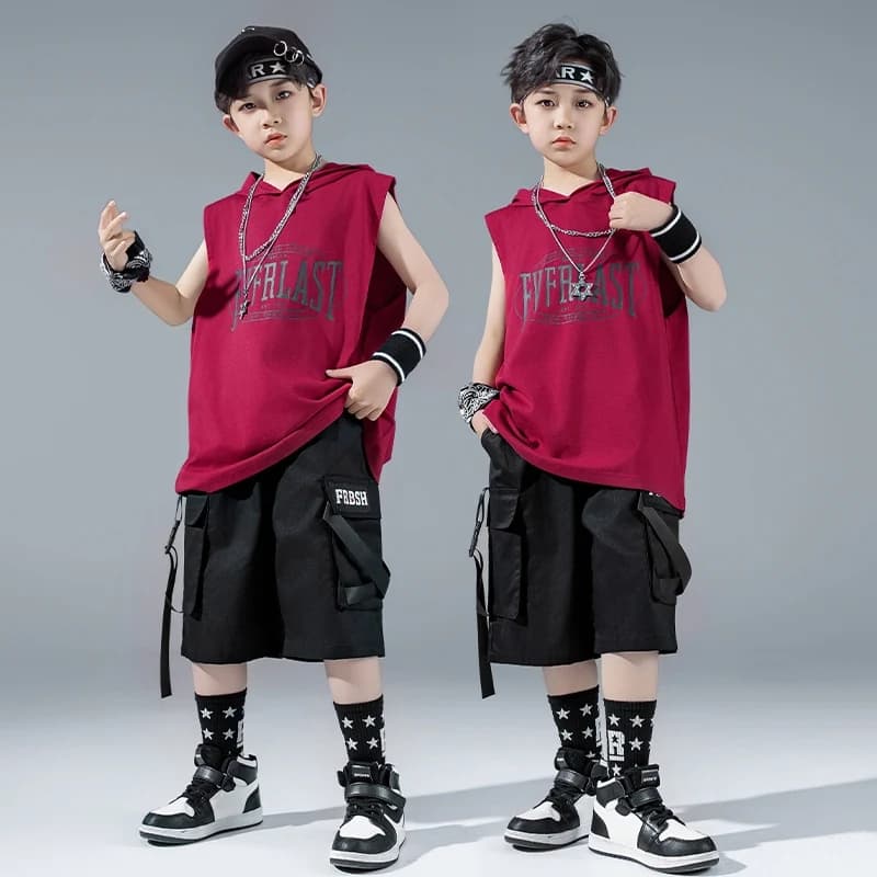 Abito da spettacolo di danza di strada per ragazzi Hip Hop Top oversize Pantaloncini neri Moda senza maniche Felpa con cappuccio Jazz Line Dance Costume 3633