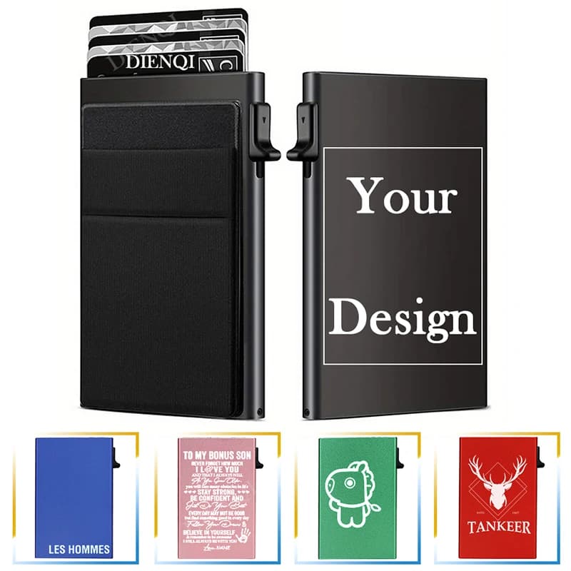 Porta carte di credito Rfid inciso Portafoglio intelligente Porta carte di credito personalizzate pop-up in metallo sottile personalizzato per uomo donna