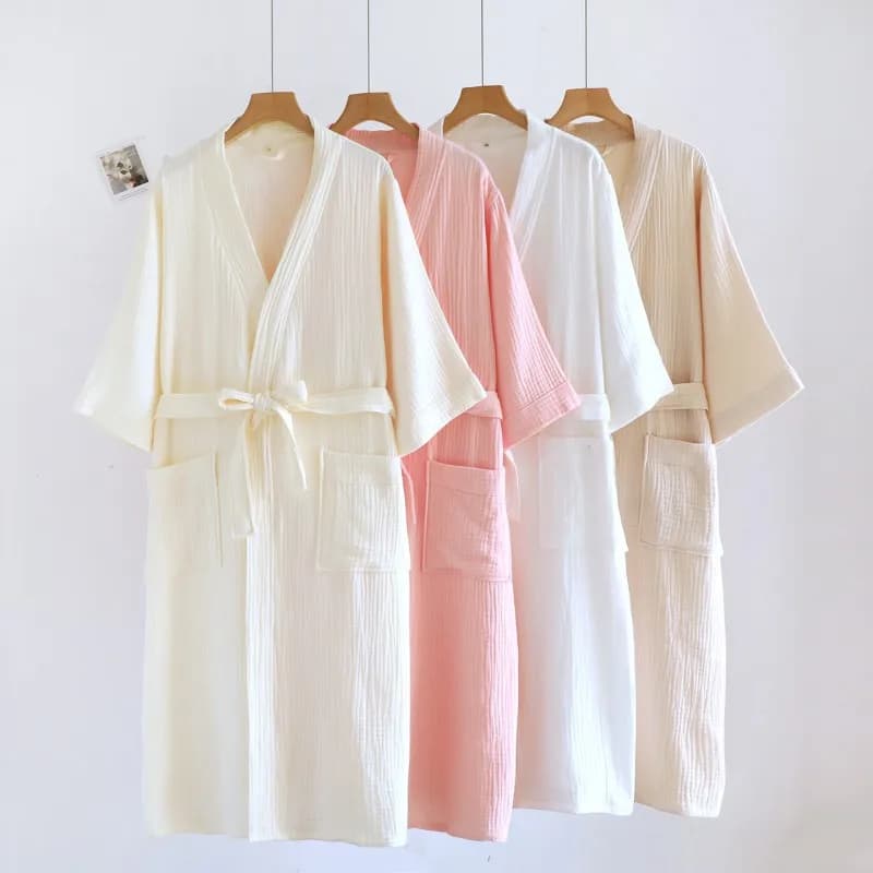 Spring Summer Women's Simple Jacquard Women's Night Dress 100% Cotton Cripe Bathrobe Girls Half Sleeved House Kimono Robe