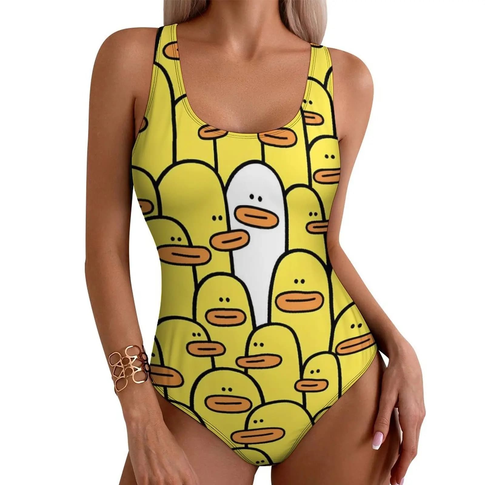 Costume da bagno intero push-up elegante con stampa sexy, modello a body, con motivo a gruppo di anatre in piedi