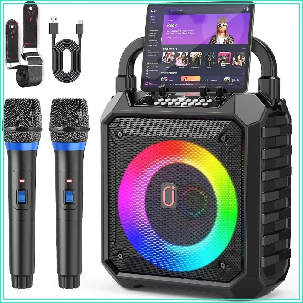 Karaoke Machine with 2 Wireless Mics, 30W Speaker, LED Lights, Bluetooth, USB/TF/AUX, 6500mAh Battery for Party