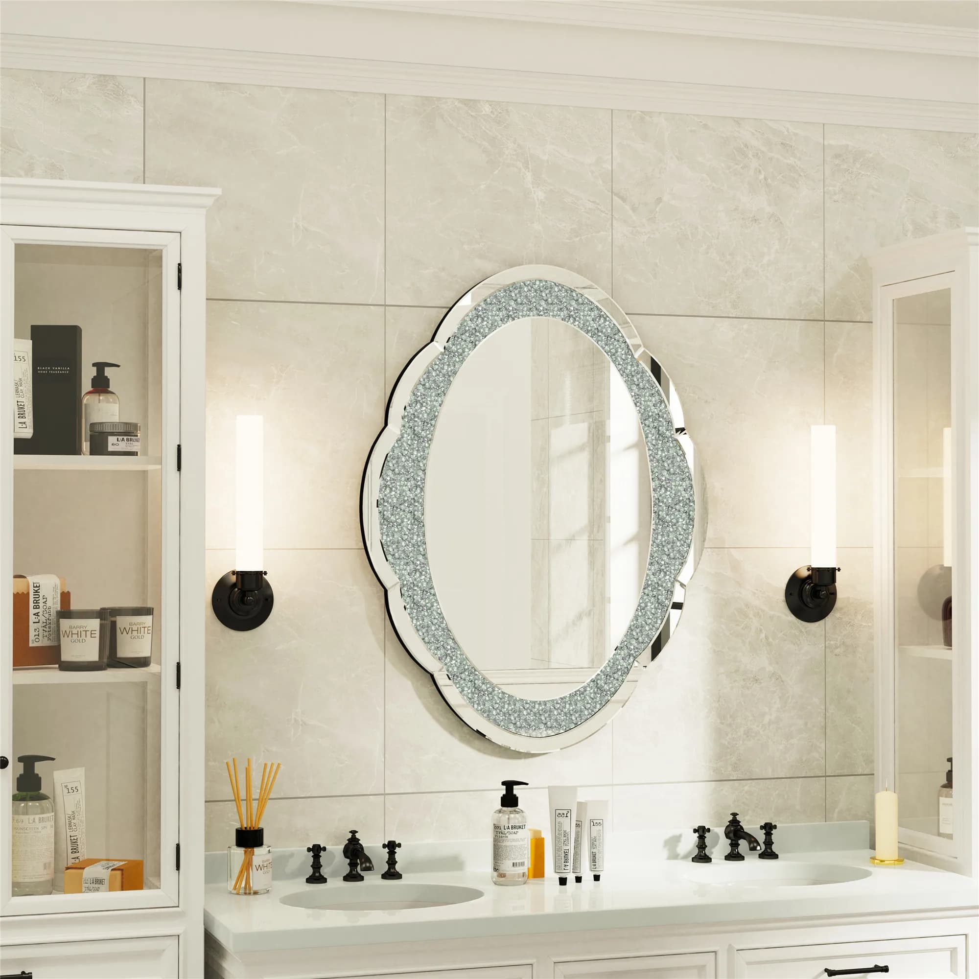 Specchio da parete in argento 24 "x 32" Crush Diamond elegante specchio da parete artistico a forma di nuvola da 5mm di spessore per la camera da letto del bagno del corridoio