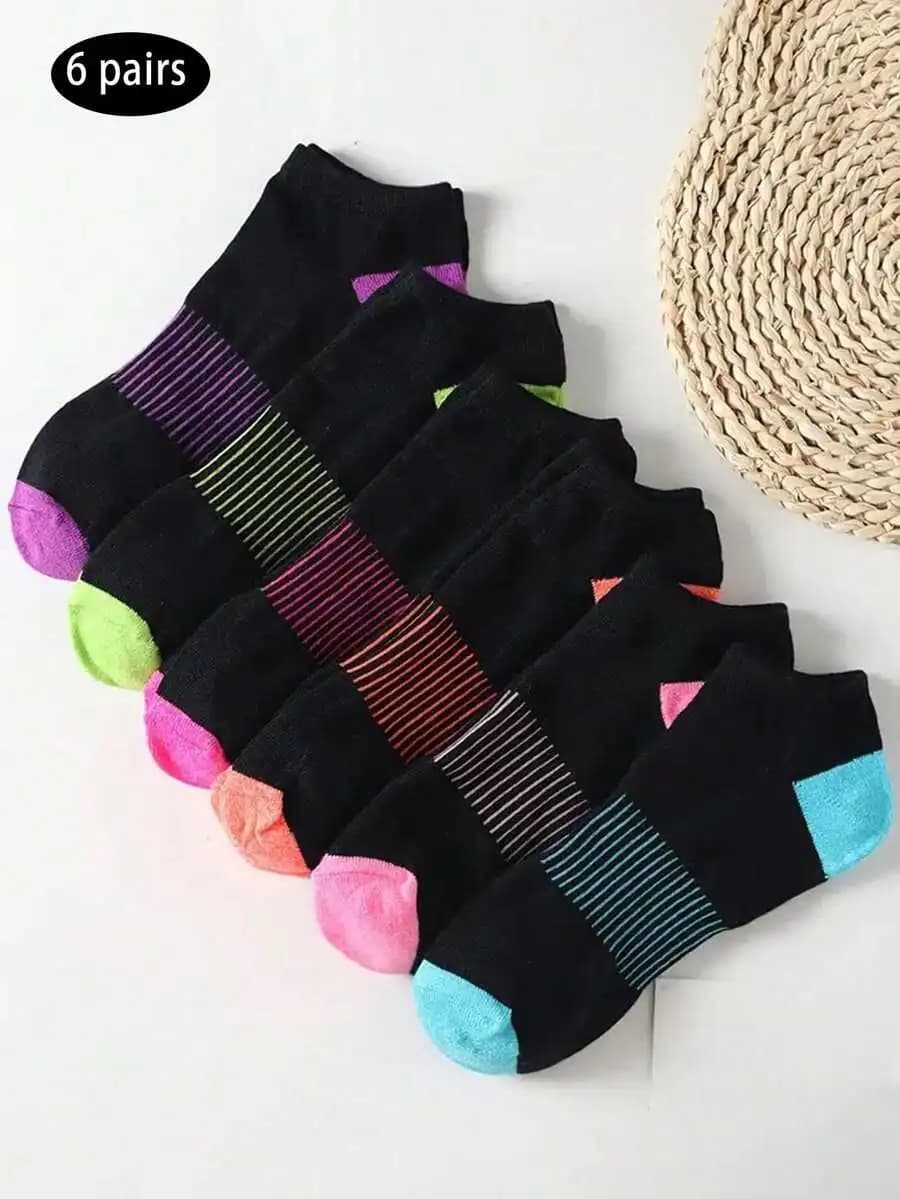 6 Pairs Women Ankle Socks Moisture Wicking Soft Comfortable Multi Color Striped All Season