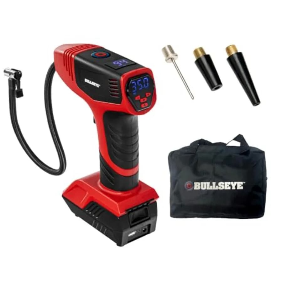 Gonfiatore per Pneumatici BULLSEYE PRO con Manometro, Compatto e Portatile, Spegnimento Automatico, 150 PSI Max, Ricaricabile USB per Casa e Auto