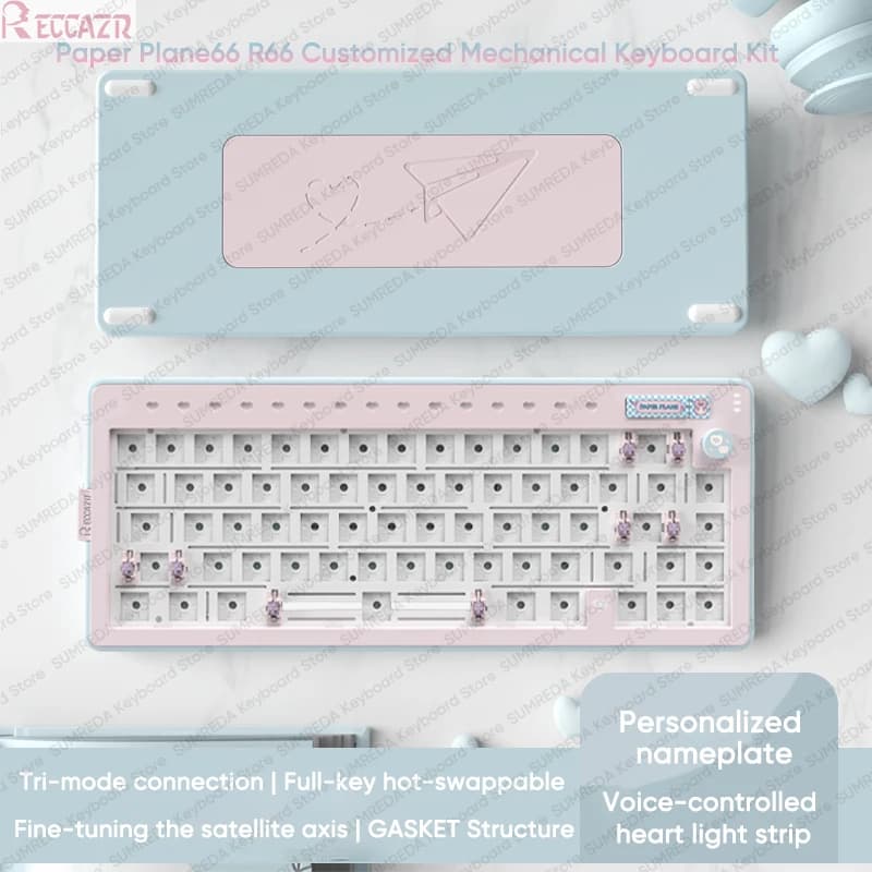 RECCAZR R66 Paper Plane66 Kit tastiera meccanica Alluminio 68% Layout Guarnizione RGB Hot Swap con manopola di controllo Tastiera tri-modale