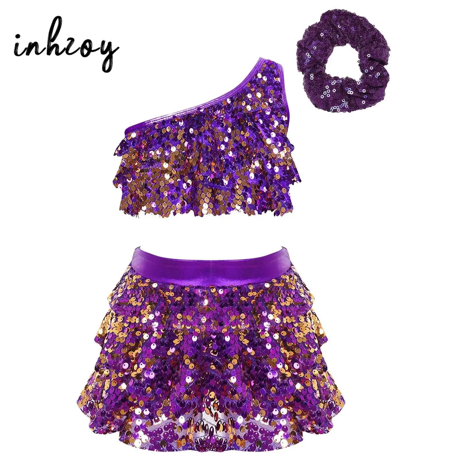Kids Girls Shiny paillettes Modern Latin Jazz Dance Costume outfit monospalla Crop Top + pantaloncini con gonna a balze a strati + copricapo