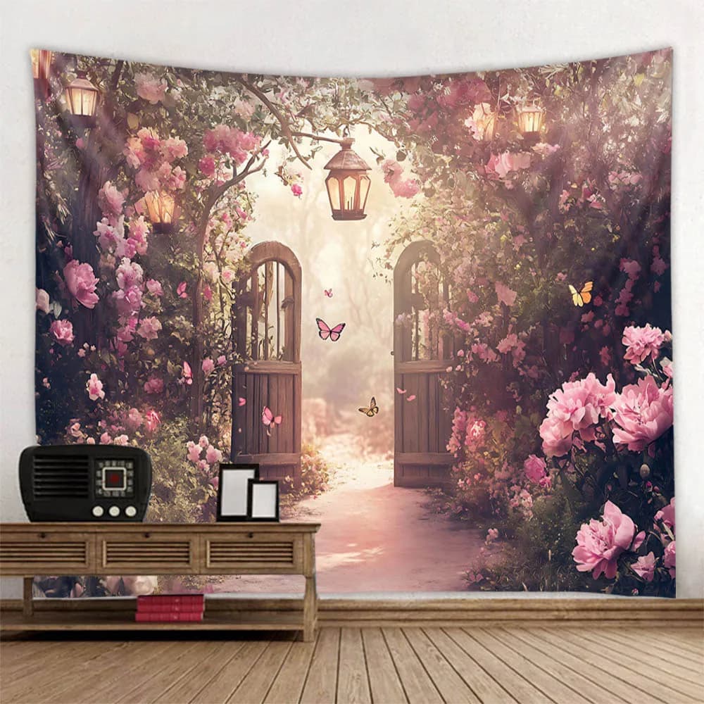Garden space with landscape, home decoration, art to hang on the wall, hippie bedroom, background, blanket, bedsheet, sofa cover
