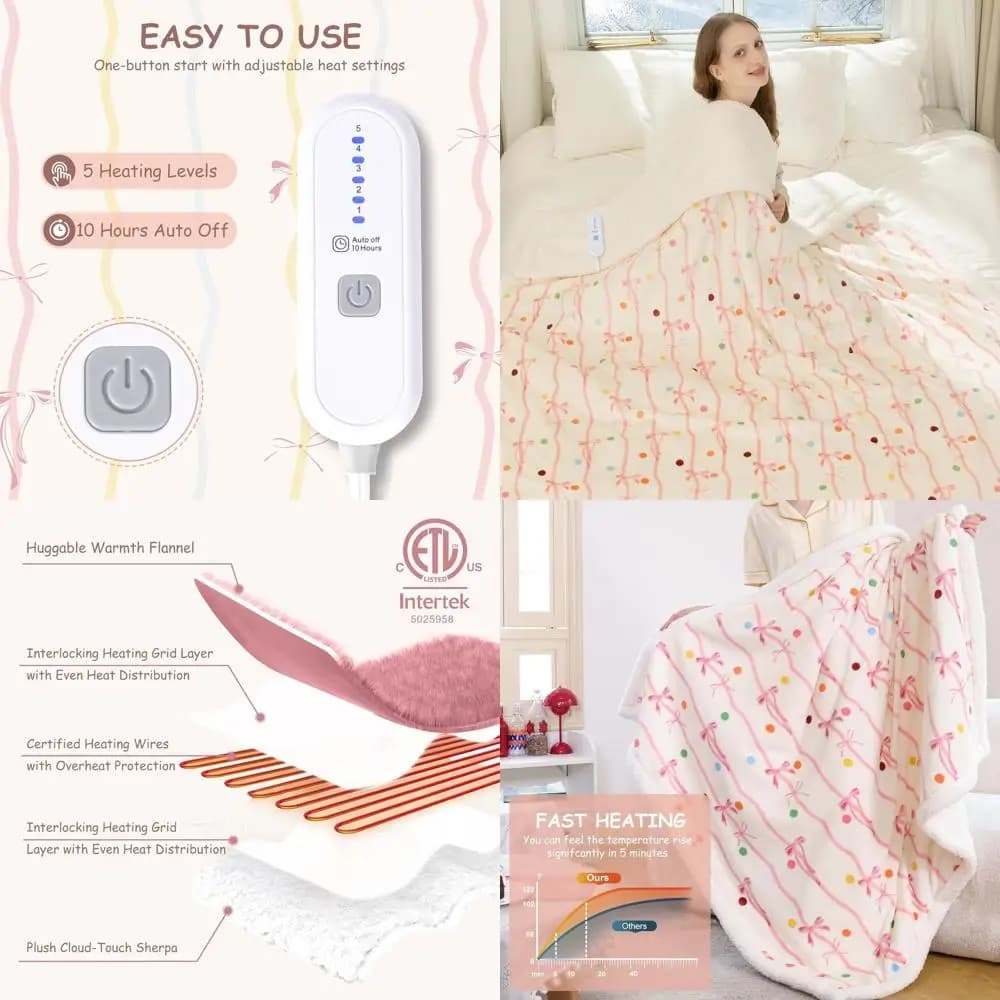 Coperta elettrica Sherpa con fiocco rosa doppia con 5 impostazioni di calore, spegnimento automatico di 10 ore, lavabile in lavatrice, certificata ETL