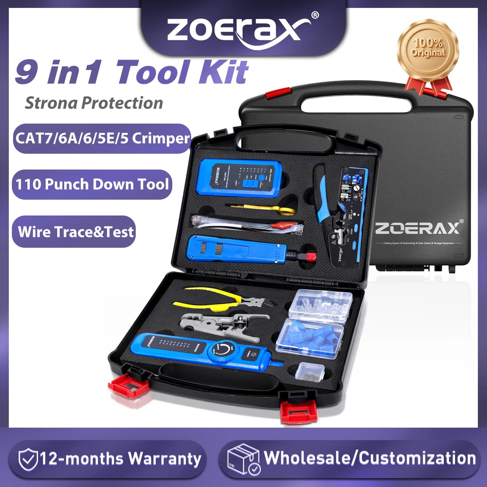Kit di Strumenti per Crimpatura RJ45 ZoeRax 9 in 1 con Tester/Tracciatore di Cavi, Pinza Crimpatrice, Connettore CAT6, Copertura, Strumento di Inserimento, Strumento di Spellatura, Taglierina