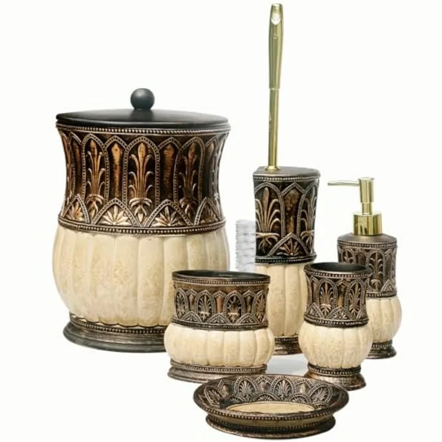 Set di 6 accessori da bagno a forma di zucca, inclusi cestino, portabicchieri, portaspazzolini, portasapone, dispenser sapone e spazzolino WC