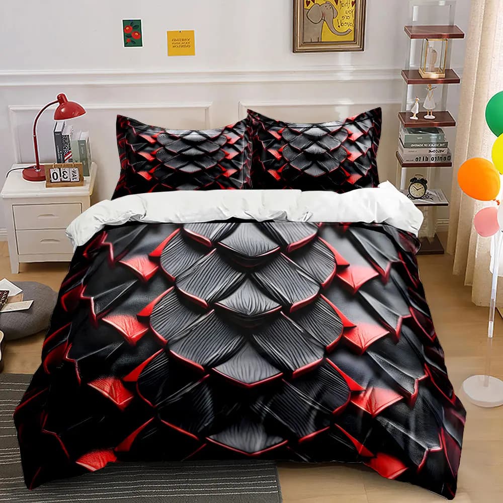 3D Black Red Dragon Scale Texture Bedding Set,Cool Fantasy Reptile Skin Print Duvet Cover Set, Luxury Comforter 3pc home Decor