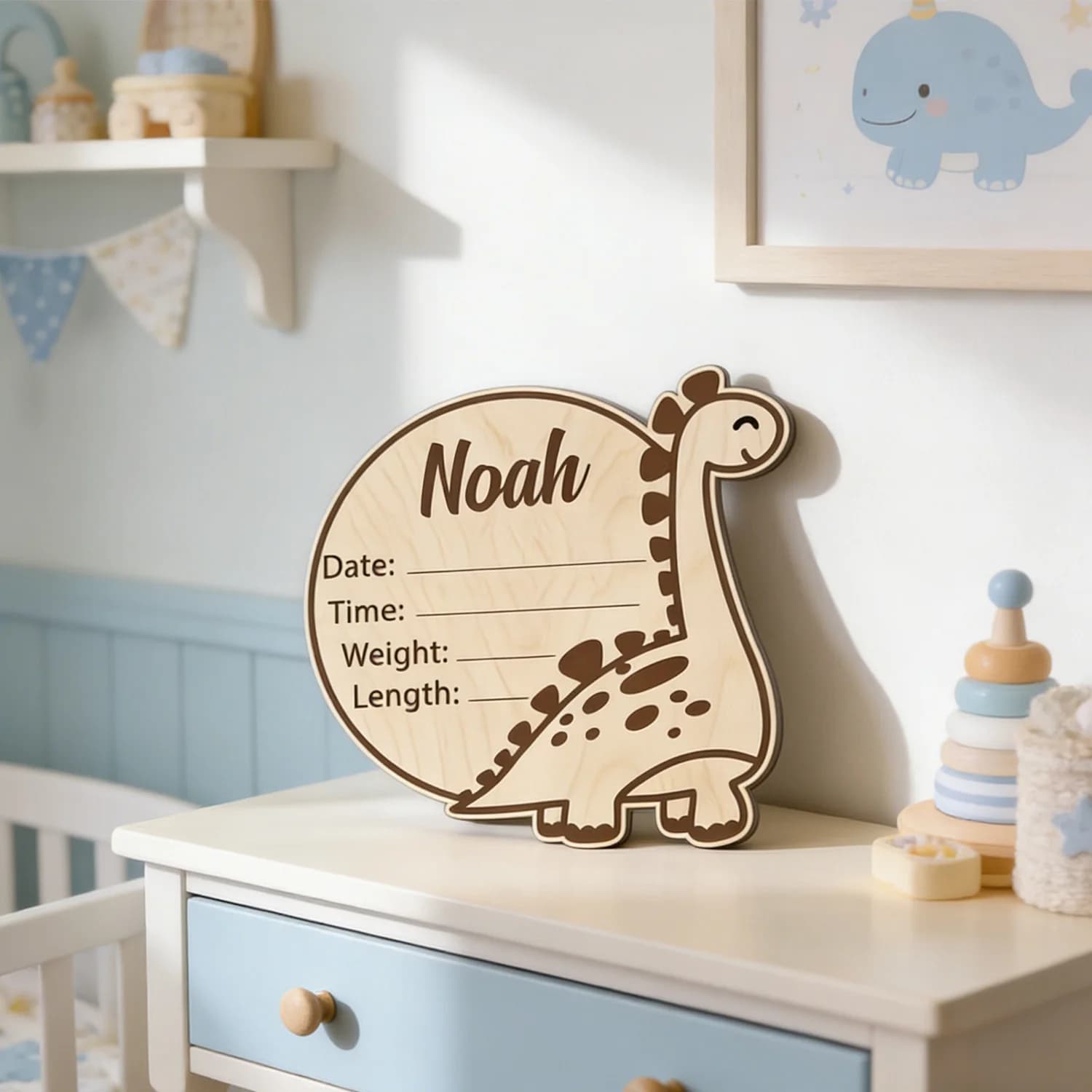 1pc Custom Dinosaur Wooden Birth Announcement Sign Personalized Name Stats Text Photo Prop Home Decor Plaque