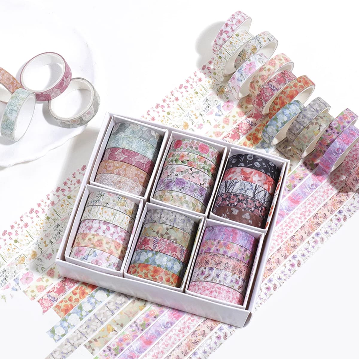 Romantic Floral Washi Tape Set, Color Flower Print Decorative Masking Tape DIY Scrapbook Journal Diary Craft Stationery Supplies