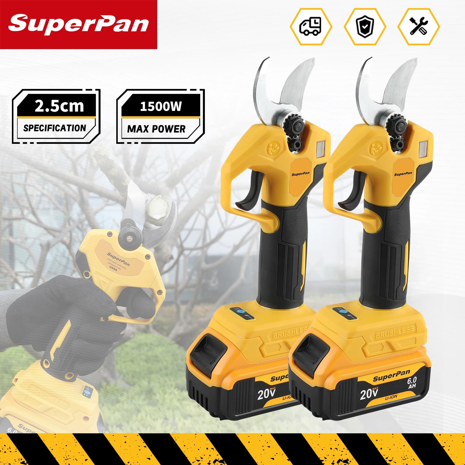 SuperPan battery pruning scissors made of high carbon steel, without brushes, for the pruning of external shrubs, compatible with DeWalt 20V battery.