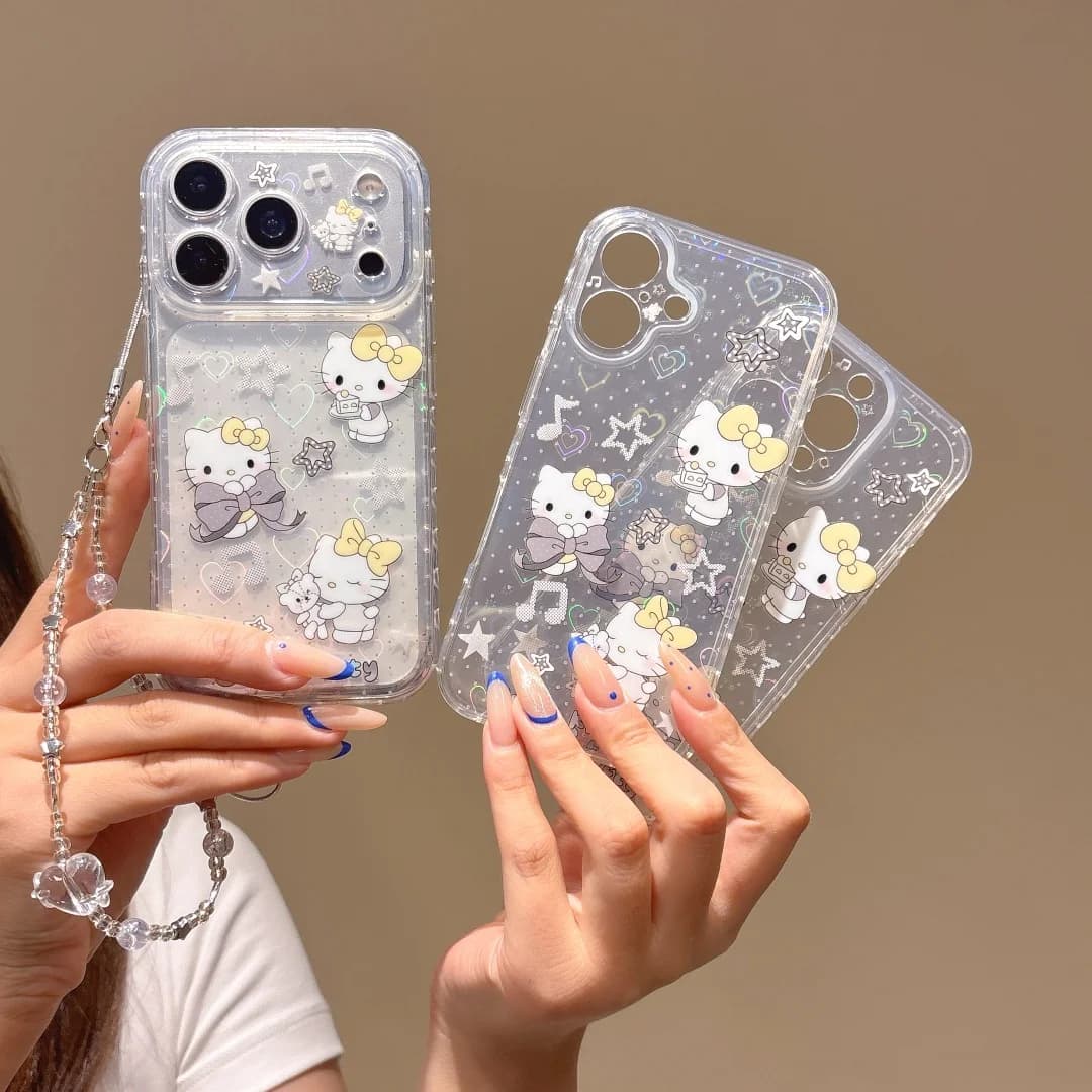 Cute Cartoon Gradient Heart Yellow Bow Hello Kitty Phone Case For iphone 17 16 15 Pro Max 17 Shockproof Bumper Cover With Chain