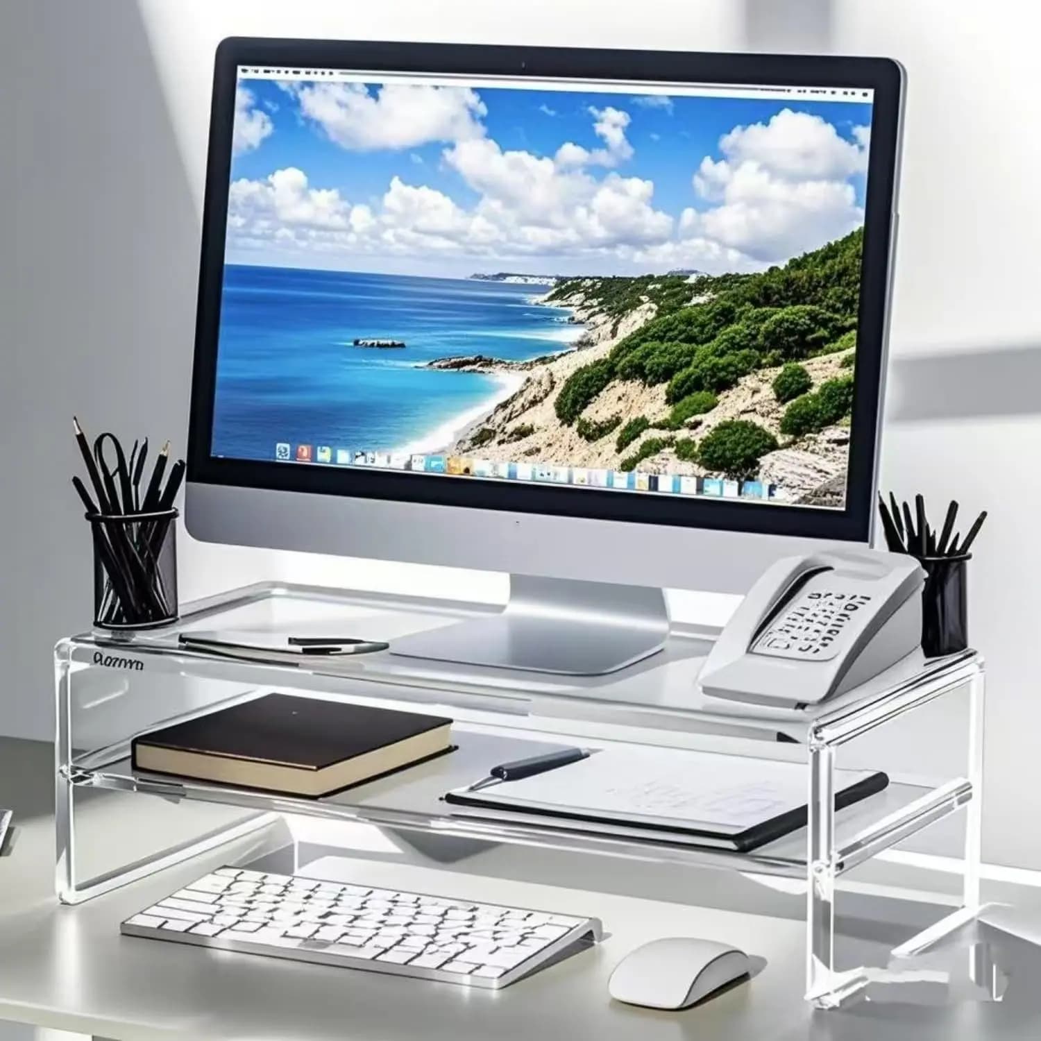 Acrylic Monitor Support - Upgrading to 2 Levels for iMac, PC, Desktop, Laptop, TV with Storage Room, Desk Organizer for Home and Office (20 inch)