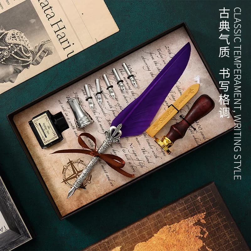 Vintage Calligraphy Pen Feather Dip Fountain Pen Sets Ink Stationery Quill Retro Writting Pen With Sealing Wax Stamp