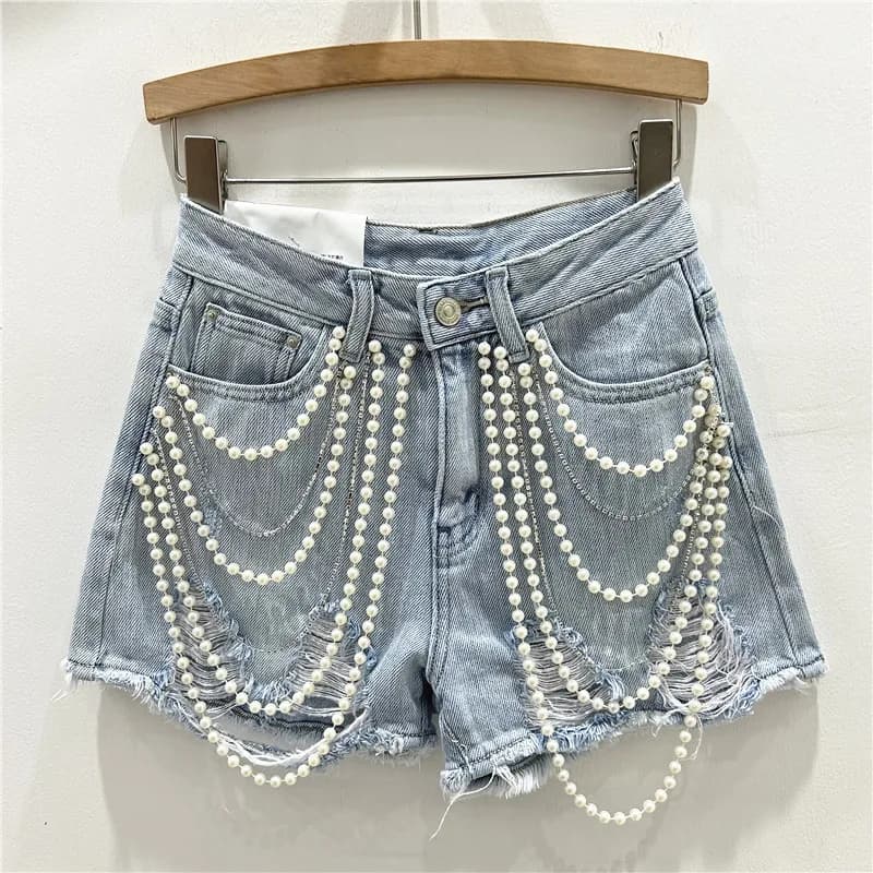 Ripped holes Distressed Jean Jeans Shorts Jeans Washed Chains High waist Casual Pockets Waisted Allentate Streetwear Summer 2025