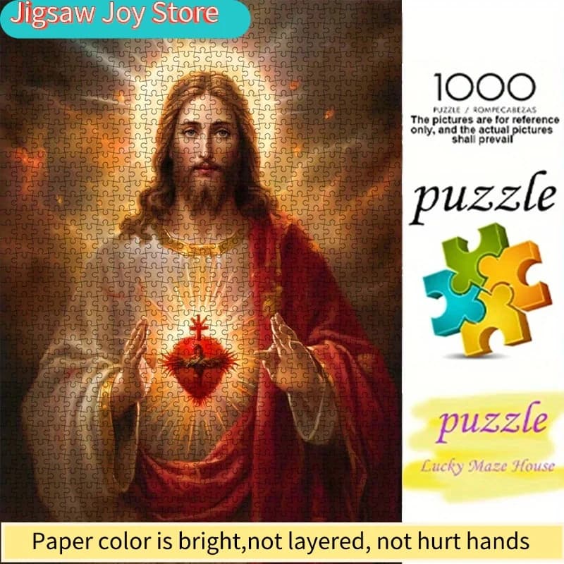 Puzzle di carta fai da te, disegno del Sacro Cuore di Gesù, materiale in cartoncino bianco di alta qualità. Adatto per puzzle genitore-figlio, religiosi