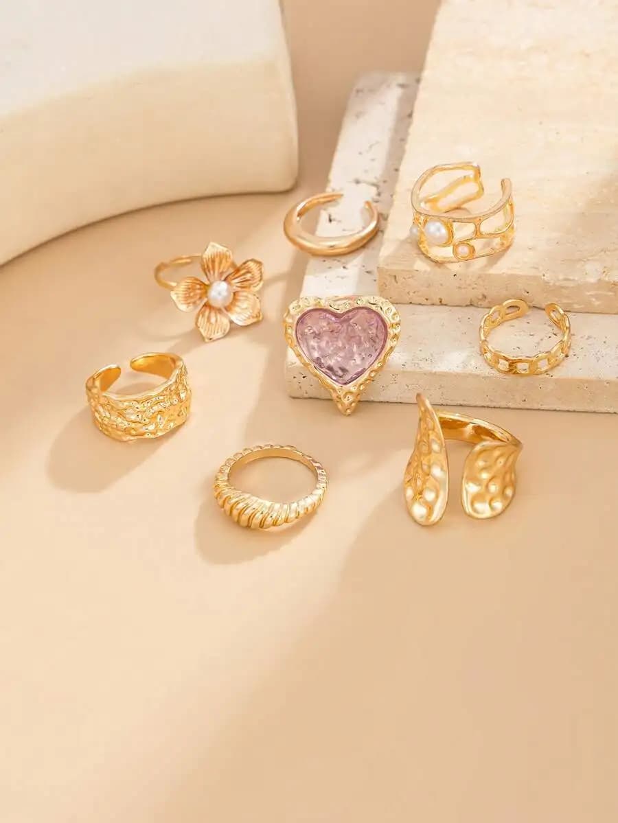 8pcs Vintage Exaggerated Geometric Faux Gem Pearl Floral Stacking Rings Set For Women