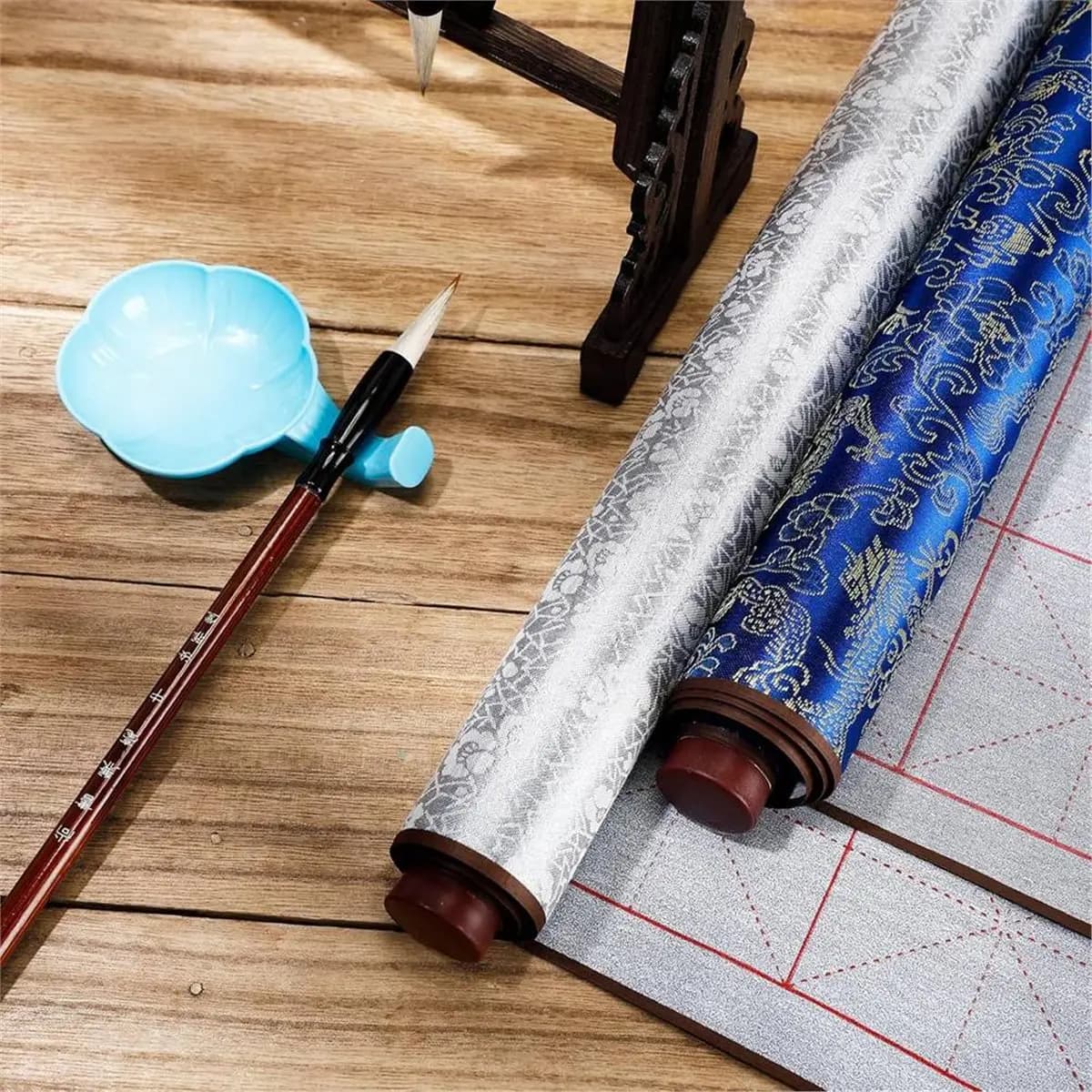 6 Pcs Chinese Calligraphy Practice Set Calligraphy Cloth with Brush Pen Plastic Dish Gift for Beginners Home School
