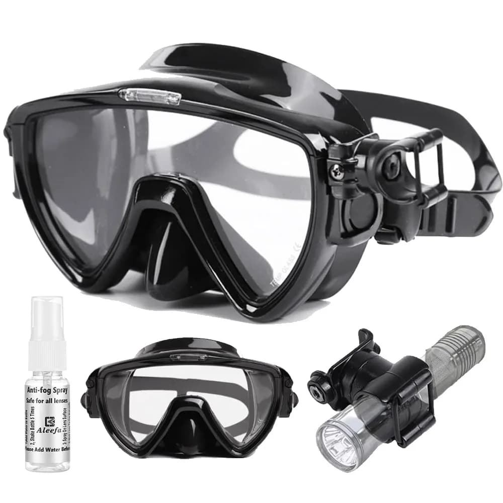 Underwater diving mask with torch bracket, liquid Silicone face mask, tempered glass, anti-fog snorkeling mask mounting clip for strap