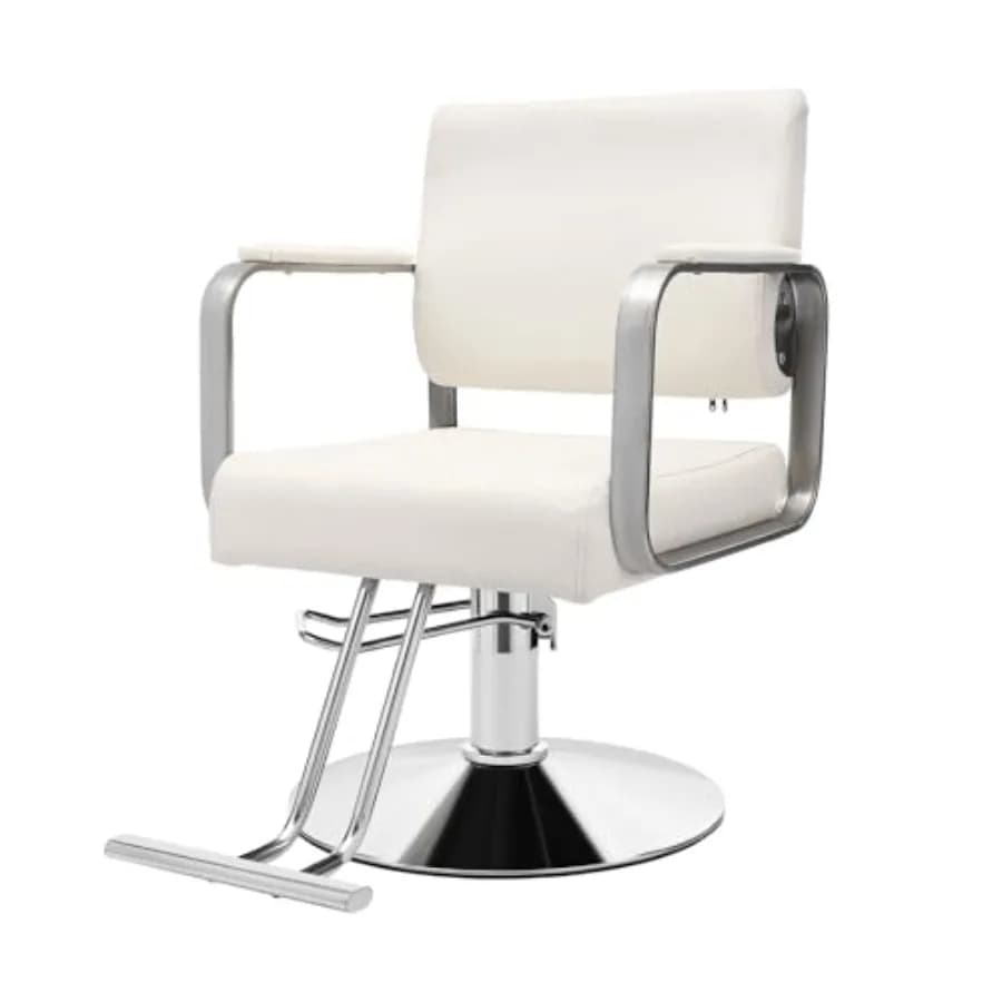 Salon Chair for Hairdressing and Beauty Salon, PU Cushion, Silver+White, 360 Swivel, Hydraulic Height Adjustment, 440lbs Capaci