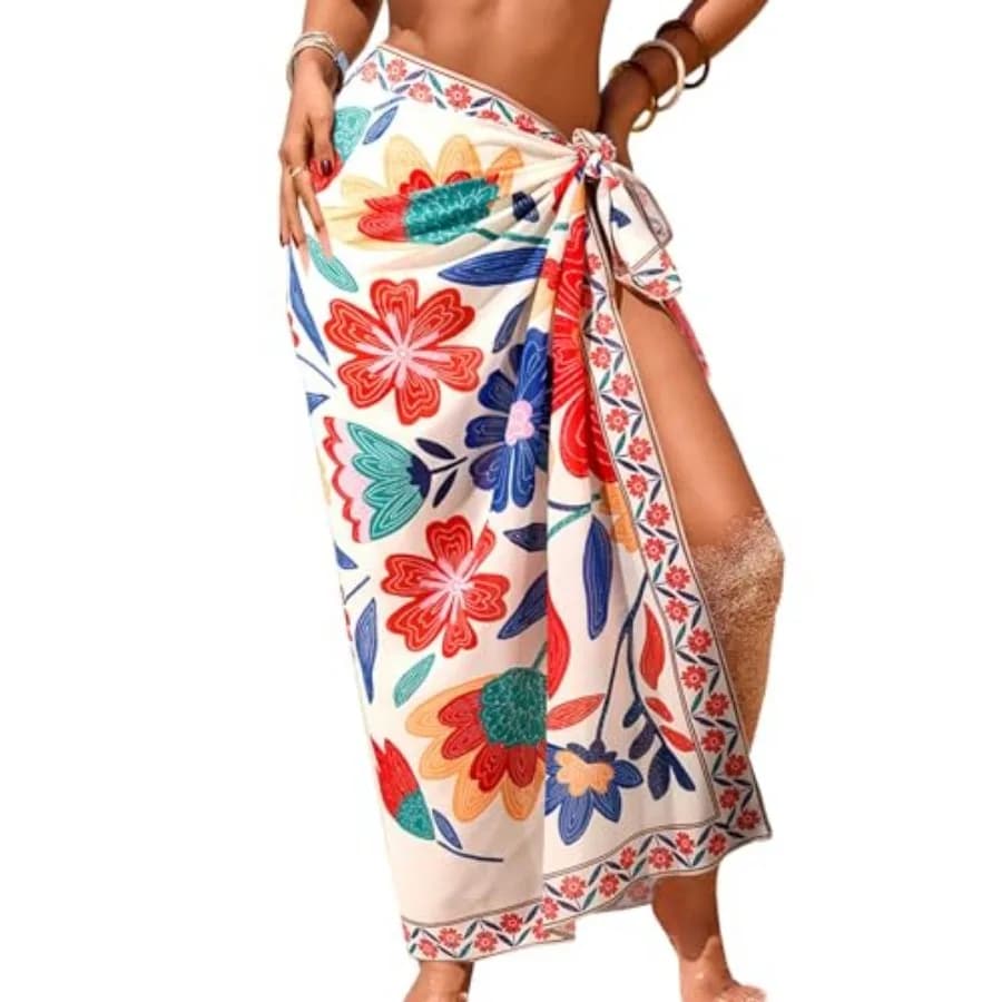 Herseas Women Sheer Sarong High Slit One Size Swimsuit Coverups 2026 Summer Floral Print Chiffon Wraps Beach Cover Up