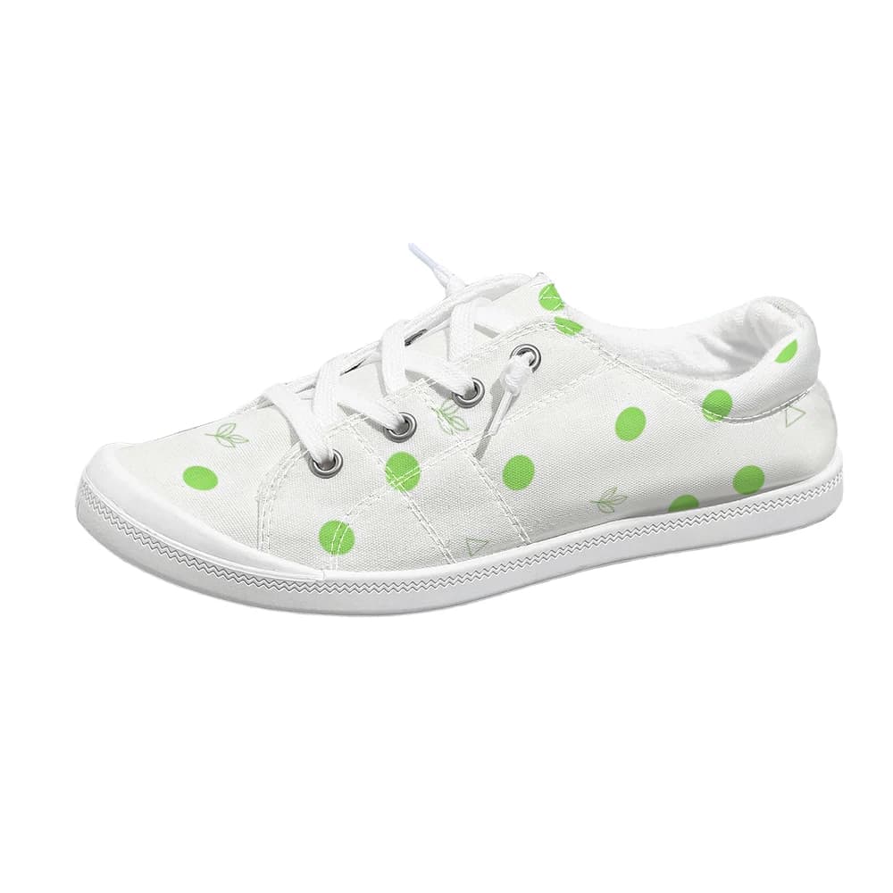 White Base Green Polka Dot & Leaf Print Low Top Casual Shoes For Women Lace Up Soft Sole Breathable Daily Walking Shoes