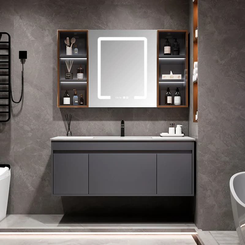 Mobile da bagno con specchio intelligente da appoggio in compensato e ardesia grigio montato a parete