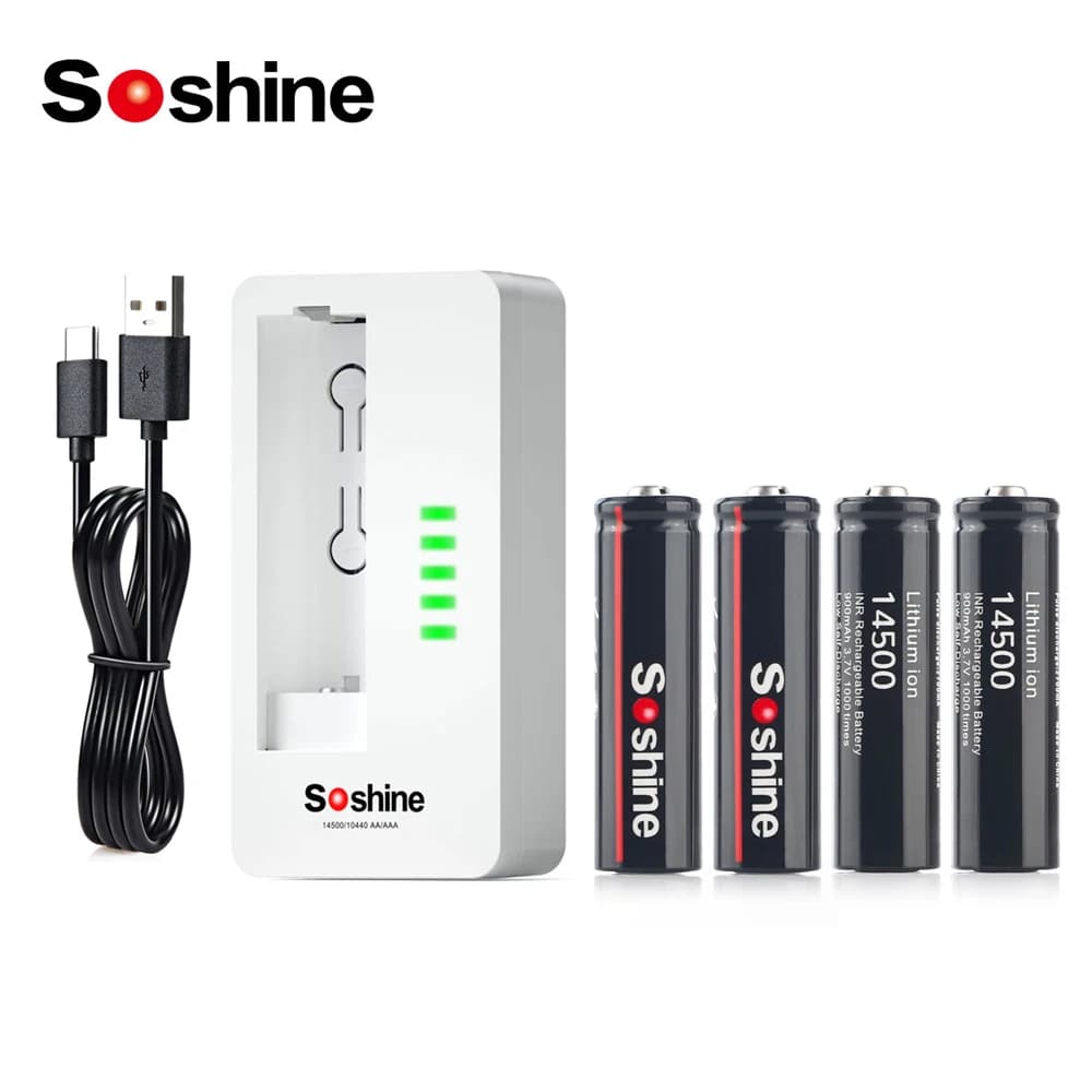 Batteria al litio Soshine AA 14500 Batteria ricaricabile 3.7 900mAh e caricabatteria ricaricabile agli ioni di litio LiFePO4 14500 10440