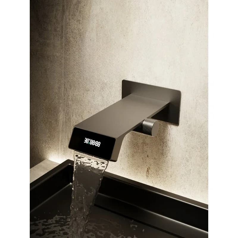Storage waterfall with faucet embedded in the sink with digital display entirely in hot and cold copper wall, free wall maintenance