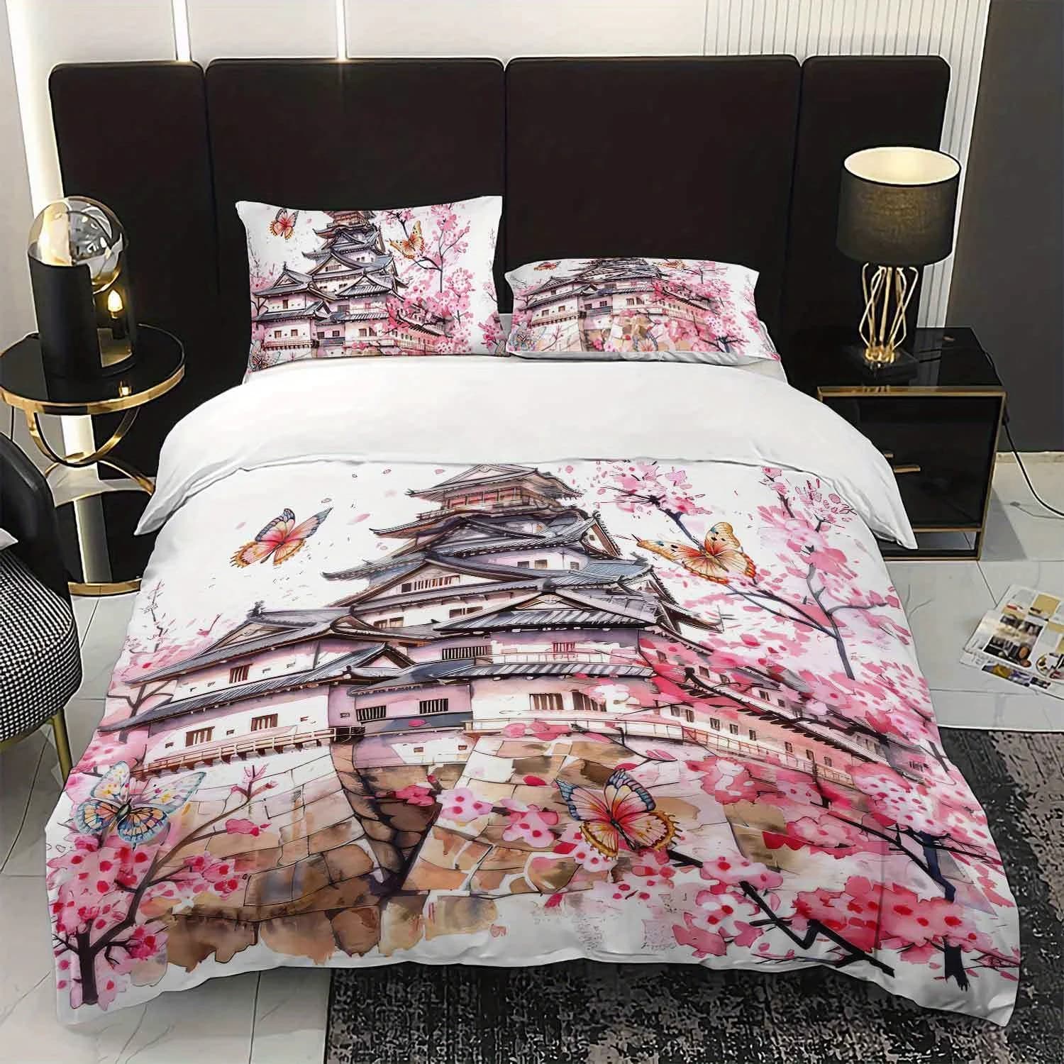 Set copripiumino per biancheria da letto giapponese con castello di fiori di ciliegio da 3 pezzi Set trapunta per biancheria da letto in stile giapponese Set letto a tema acquerello Primavera