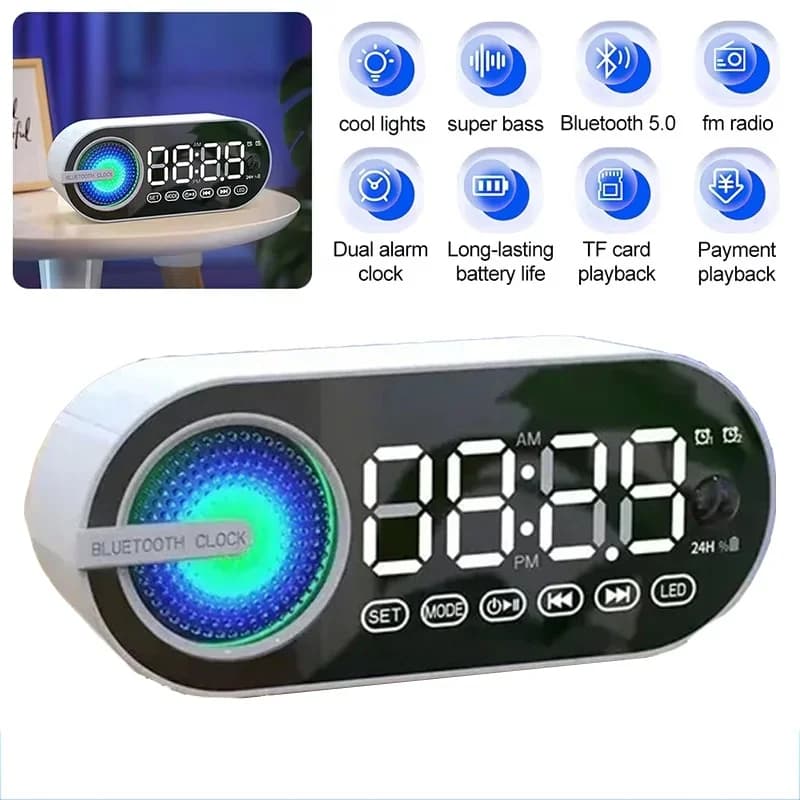 USB Charging Radio Alarm Clock RGB Portable Bluetooth Speaker FM LED Large Display Mute Mirror Digital Office Deck Bedroom Room