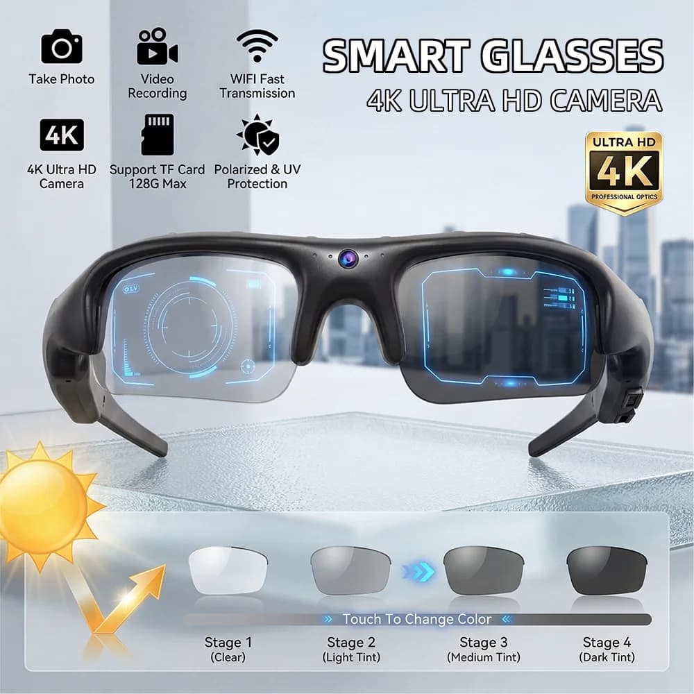 Occhiali Smart Fotocromatici 4K HD WiFi, Registratore Video e Vocale Indossabile per Sport, Occhiali da Sole Polarizzati UV400 per Uomo, Ideali per Vlogging e Guida