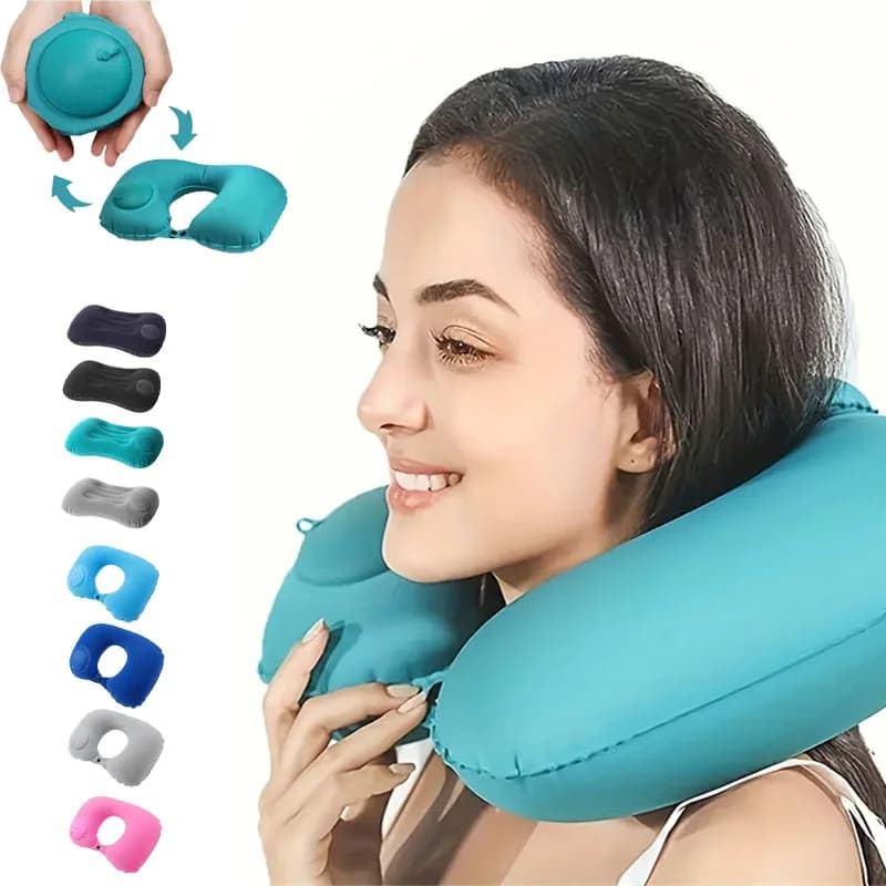 Car Portable Neck Protection U-shaped Compression Inflatable Pillow, Outdoor Nap, Camping, Travel Flocking PVC Airplane Pillow