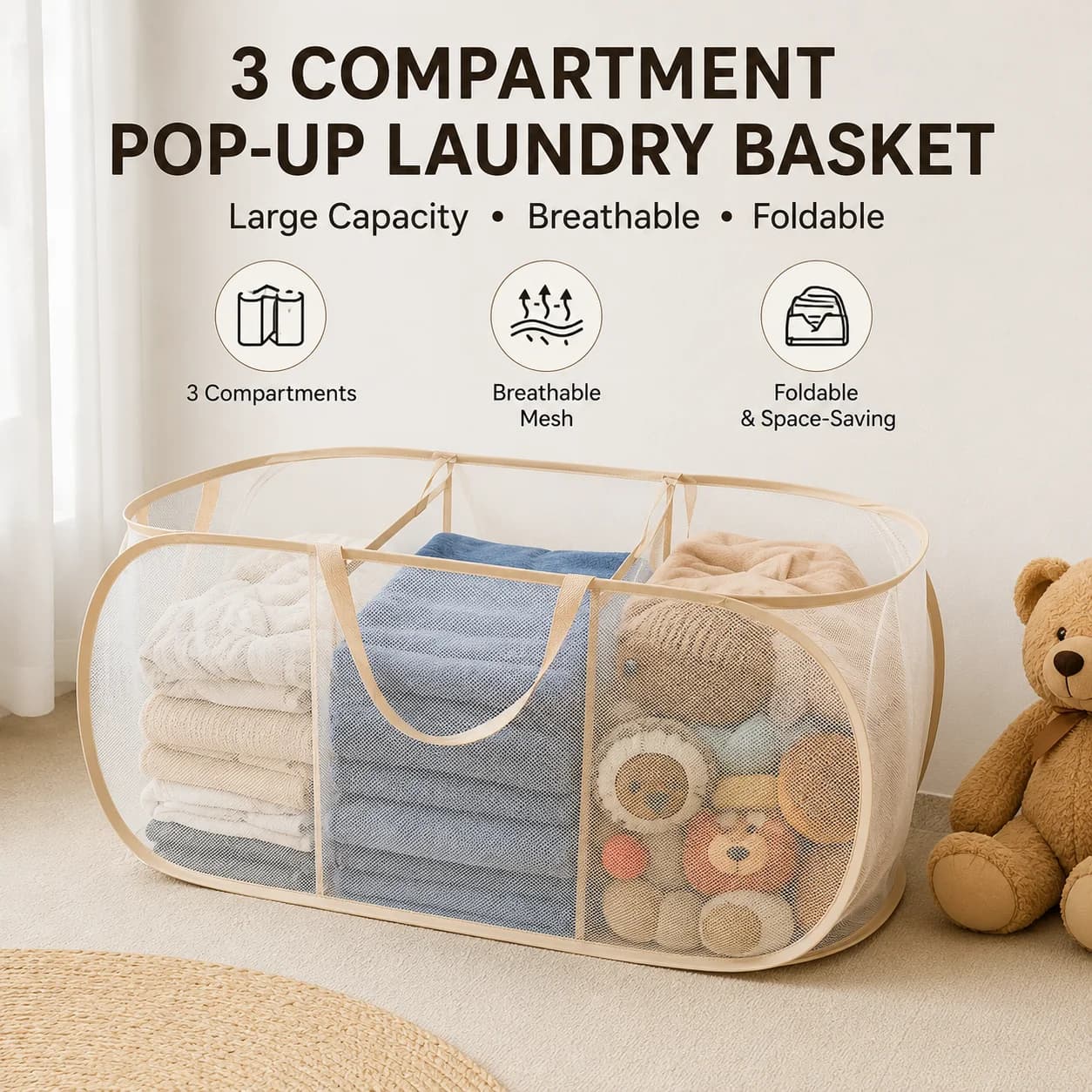 Toys Storage Basket Large Capacity 3 Grids Laundry Basket Multifunctional Children's Dolls Breathable Storage Basket Mesh Bag