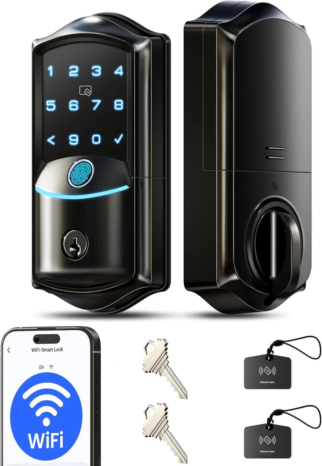 Serratura Intelligente WiFi per Porta d'Ingresso con Impronta Digitale, Controllo App, Assistente Vocale e Tastiera - Impermeabile IP65 Nero Opaco