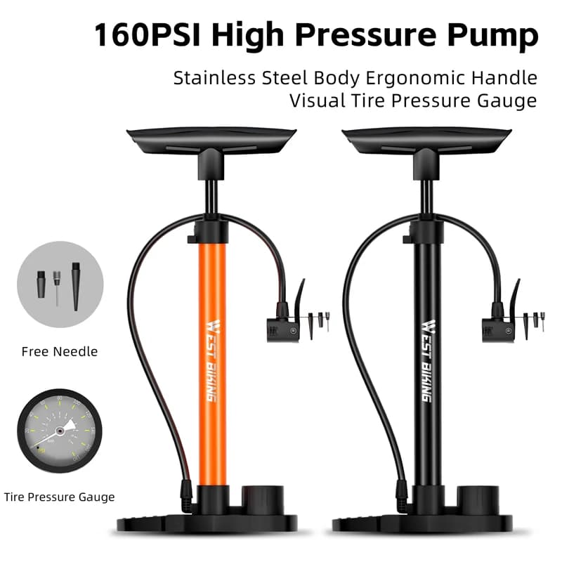 160PSI High Pressure Bike Pump Stainless Steel Barrel Precision Gauge TPU Hose Multi Valve for Bicycle Tire Bicycle Pump