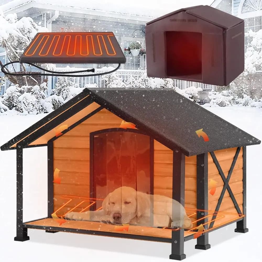 Casetta per cani da esterno isolata di grandi dimensioni con portico, ferro anti-masticare, cuscino riscaldante e isolamento per l'inverno